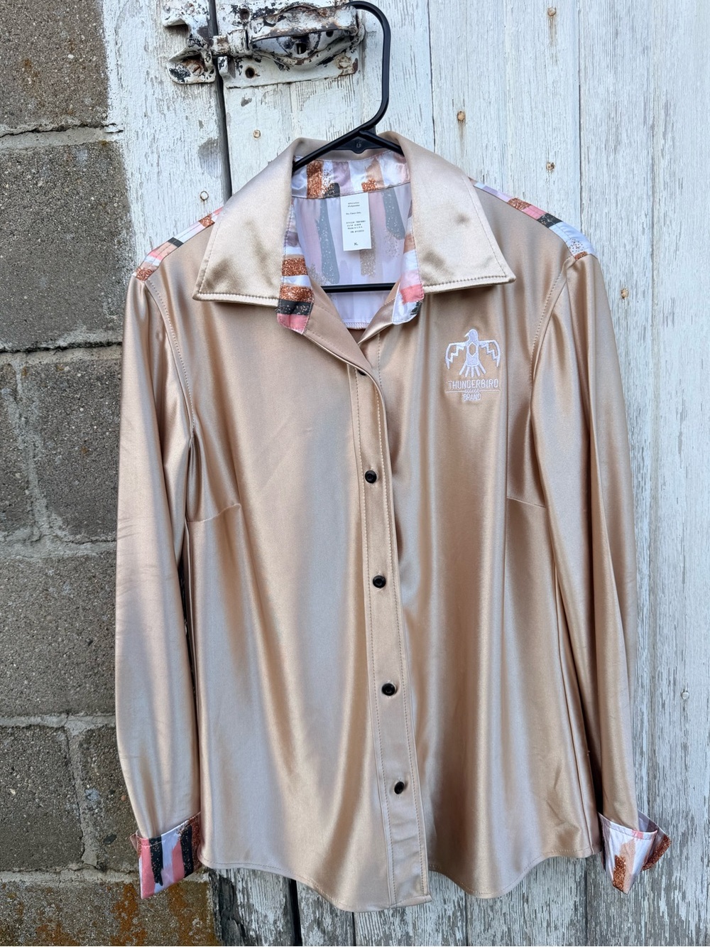 Women's Shiny Champagne Western Button-Up Top with Pattern Trim